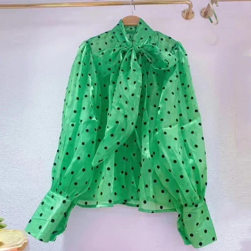 2023 Bow Tie Polka Dot Printed Blouse Women Office Lady Long Puff Sleeve Shirt Loose Tops Autumn New Sweet Clothes Blusas 29920