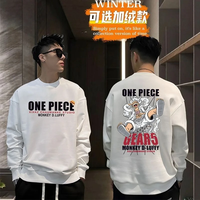 

New One Piece Luffy Anime Creative Printed Hoodie Men's Fleece Round Neck Pullover Long Sleeve Casual Top Jacket Holiday Gift