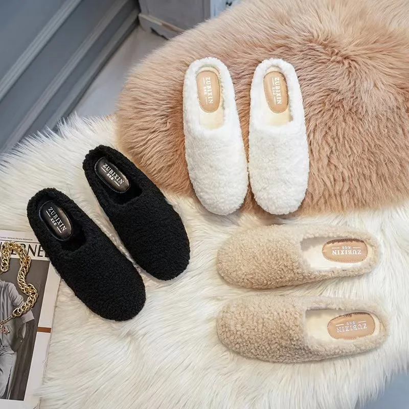 Size 33-43 Women Lambswool Slippers Embroider Shoes Winter White Fur Slides Pantufla Loafers Femme Plush Cotton Woolen Mules