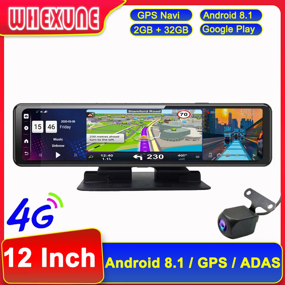 WHEXUNE Android 8.1 4G Car Rearview Mirror Video Recorder 3 in 1 12 Inch GPS Navi DashCam Dual 1080P Camera ADAS Super Night DVR