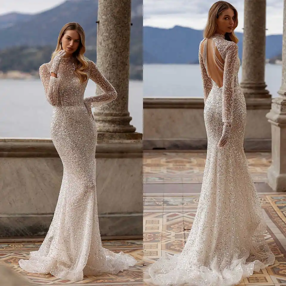 Graceful Mermaid Wedding Dresses High Collar Sequins Beads Backless Bridal Gowns Prom Dresses Vestido de novia Customized
