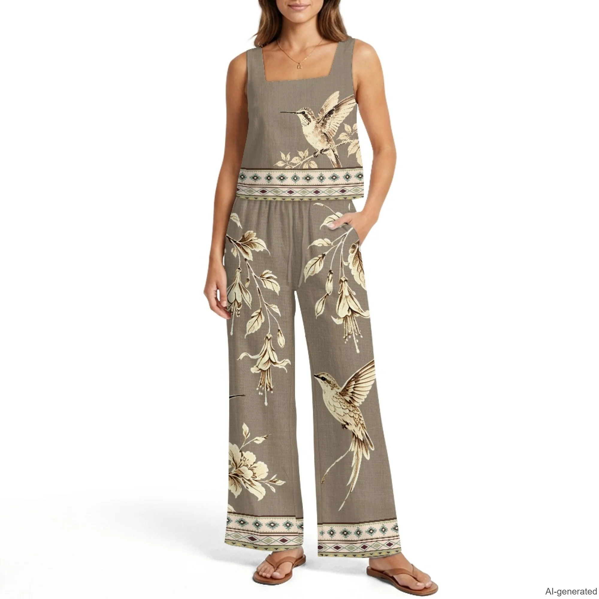 XIXIRIMIDO Women's Linen Two Piece Sleeveless Tops Wide-Leg Pants Hummingbird Prints Outfits Commuting Daily Wear with Pockets