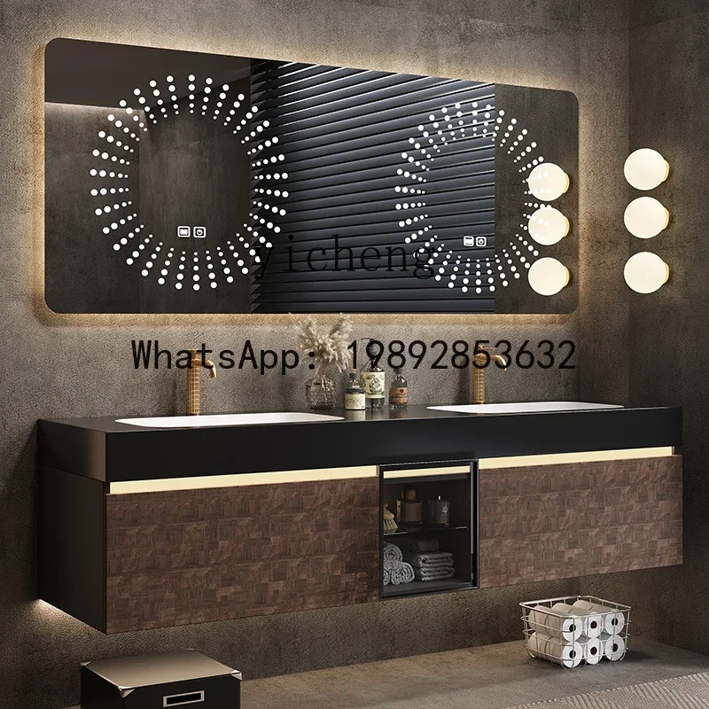 

Y1 Solid Wood Double Basin Bathroom Cabinet Set with Rock Slab Washstand Sink Basin