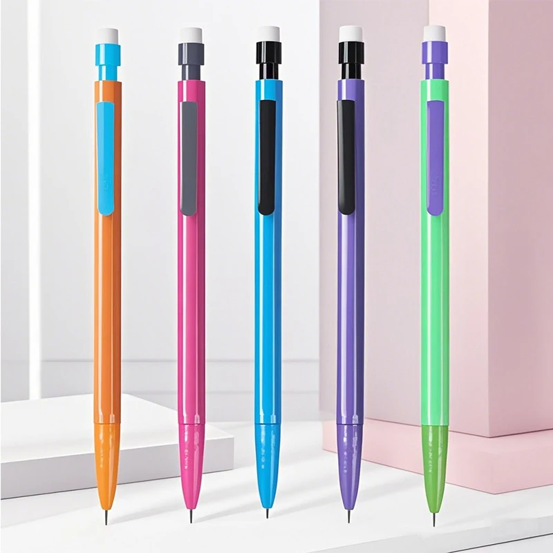 Neues kreatives 5-Farben-Druckbleistift-Set mit oberer Radiergummi, 0,5/0,7 mm Minenfüllung zum Schreiben von automatischem Bleistift-Briefpapier in der Schule – Detail 5