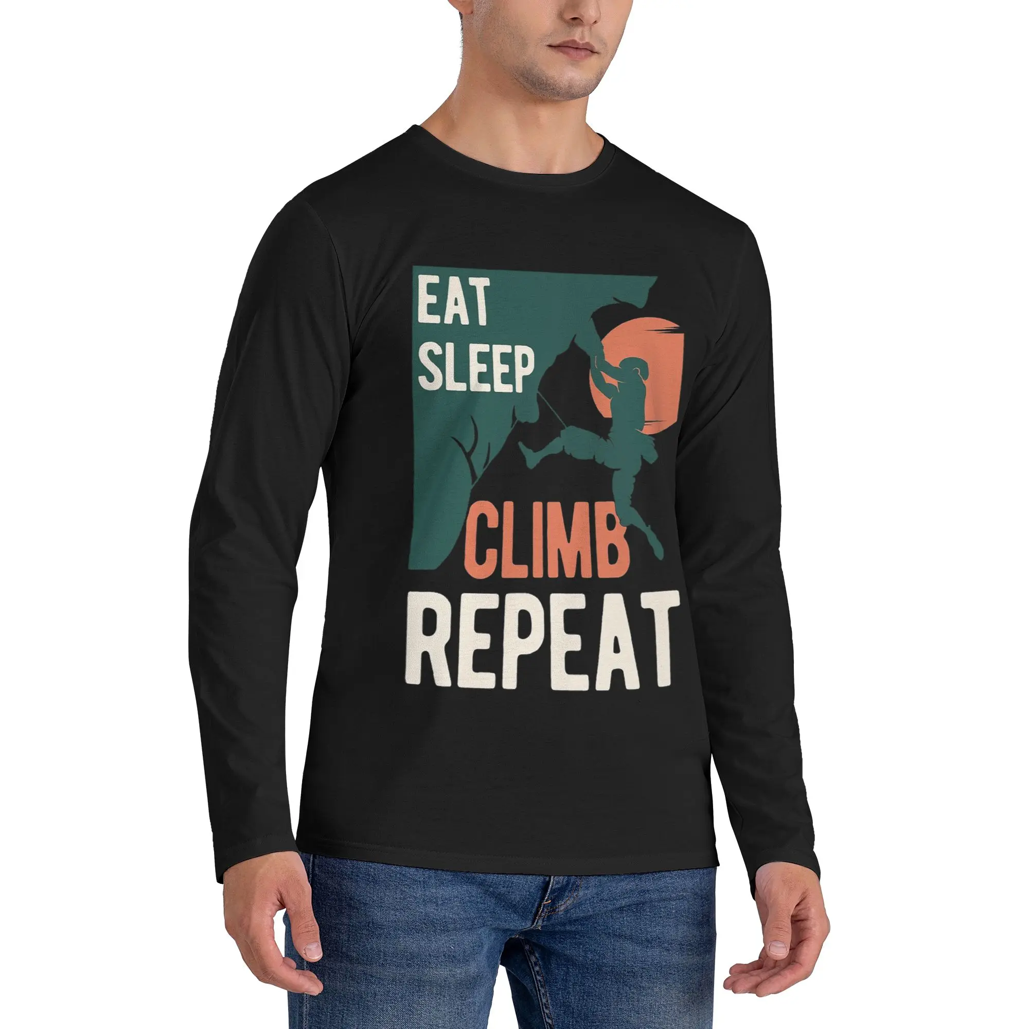 

Funny Rock Climbing (2) Men's Long Sleeved T-shirt Fashion Round Neck T shirts Spring and Autumn Men tops