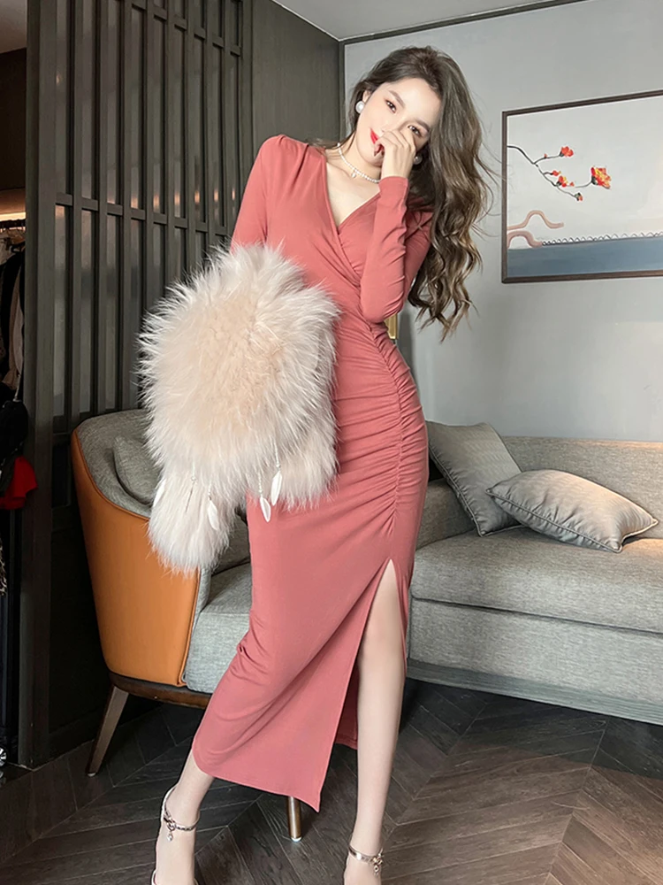 Thời Trang Nữ Vintage Gợi Cảm Quần Áo Dạo Phố Cổ Chữ V Rỗng Midi Đầm Dự Tiệc Sang Trọng Tính Khí Áo Dây Nếp Gấp Nữ Đầm Xẻ Tà