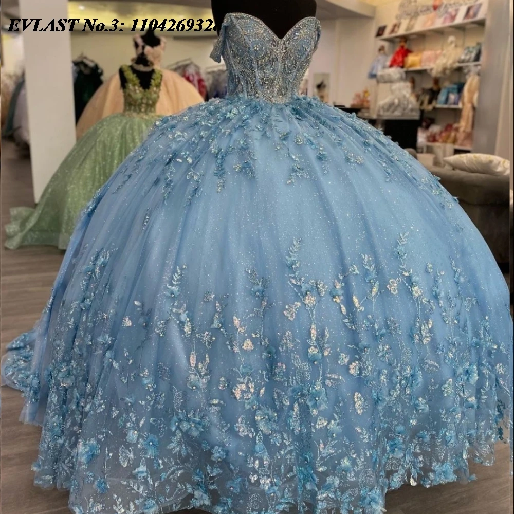 EVLAST Customized Sky Blue Quinceanera Dress Ball Gown Shiny Sequins Applique Beading Tiered Sweet 16 Vestidos De 15 Anos E3Q132