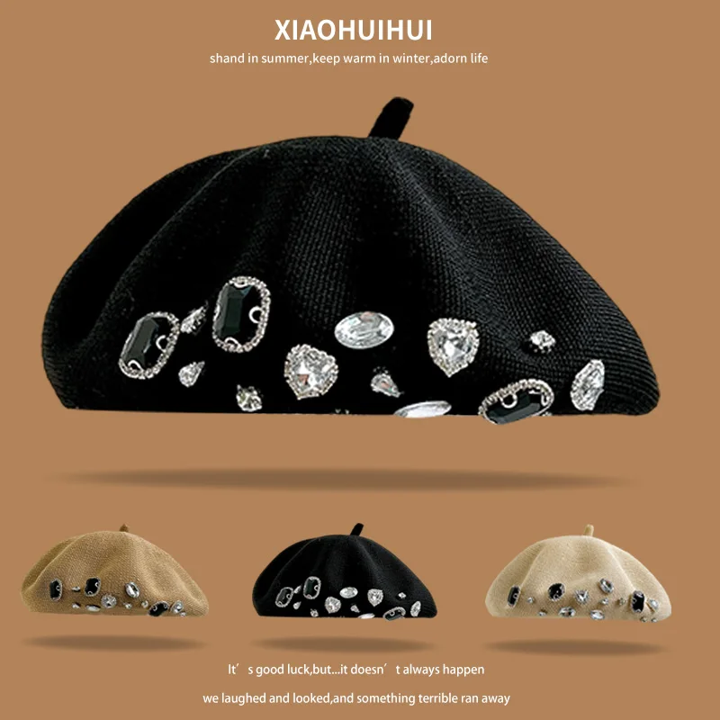 

Корейские модные вязаные береты со стразами для женщин, летняя осенняя тонкая дышащая универсальная маленькая шляпа художника в стиле ретро