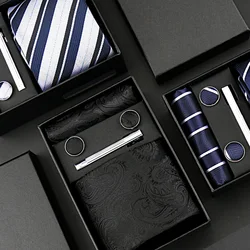 Moda elegante gravata masculina caixa de presente listrado gravata lenço abotoadura clipe de gravata 4 pçs conjunto casamento festa de negócios terno acessórios