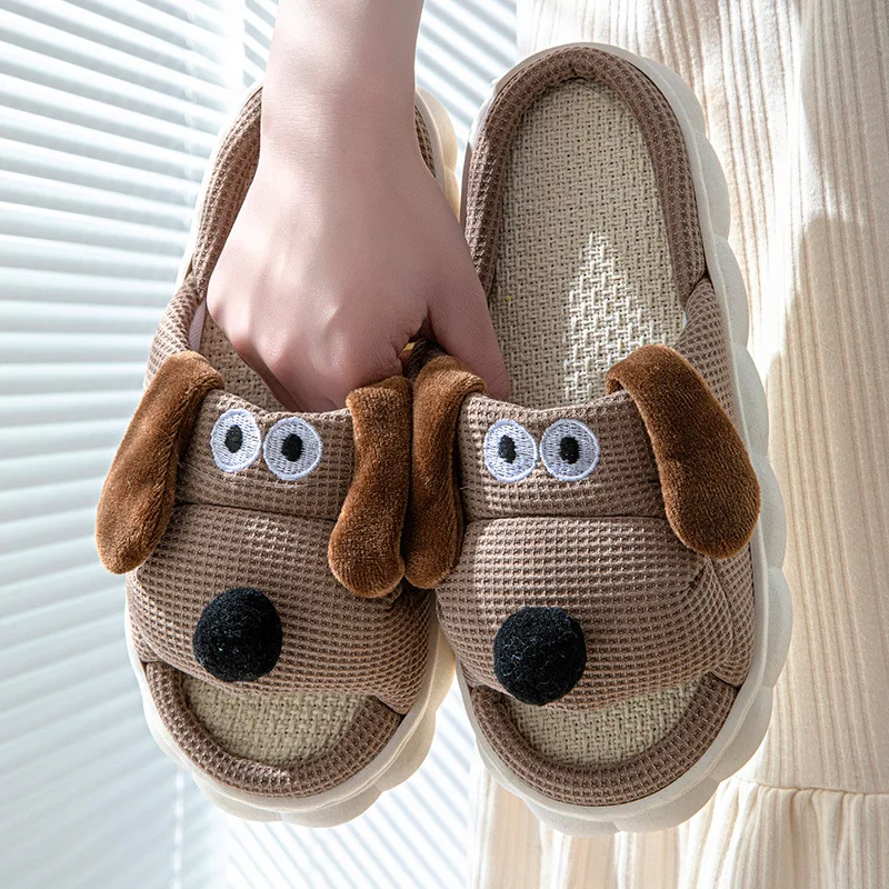 الجملة النعال النسائية أزياء السيدات الناعمة عارضة لطيف الكلب نمط تصميم مريح الإناث مريحة الكتان النعال المنزل