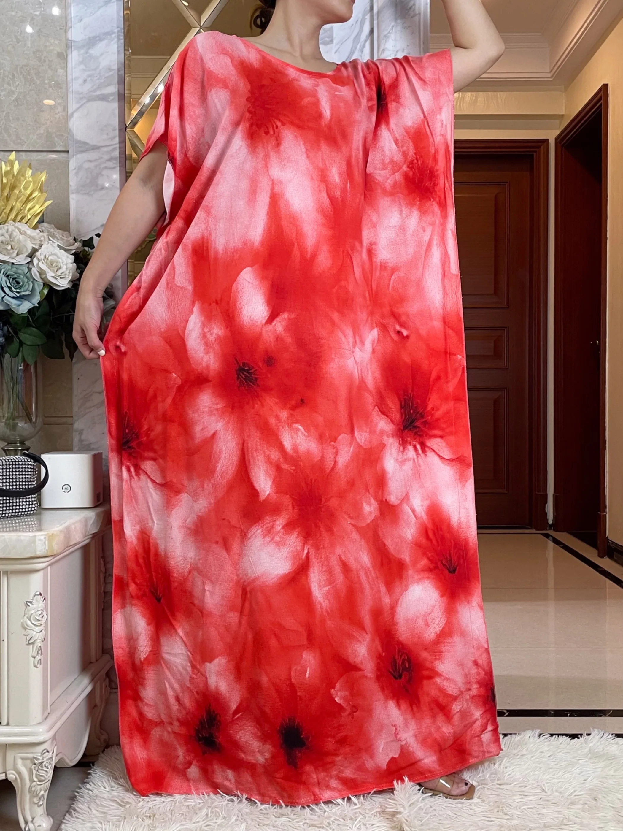 2023 Summer Party Dress Short Sleeve With Big Scarf Tie Dye Cotton Fabric Loose Boubou Maxi Islam Women  African Abaya Clothes