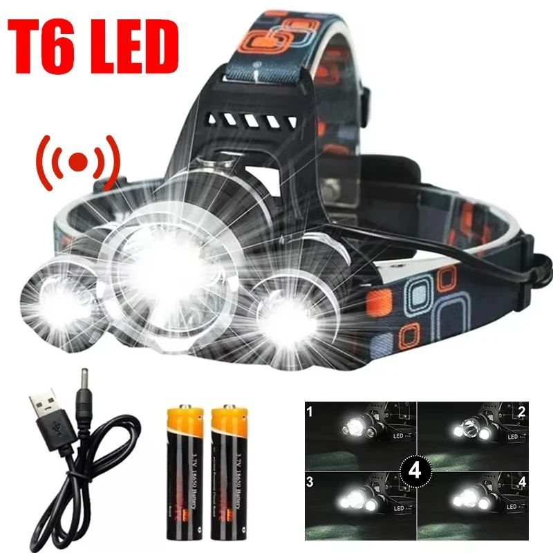 T6 Strong Light Sensor Led Head Flashlight USB Rechargeable Headlamp with 18650 Battery Camping Fishing Outdoors Work Lights