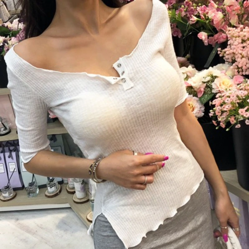 Gerippte Halbarm Niedrigen Ausschnitt Tops Koreanische Sexy Halb Offenen Kragen T-shirts Solide Vielseitig Schlanke Frauen Tees Sommer Y2K Kleidung