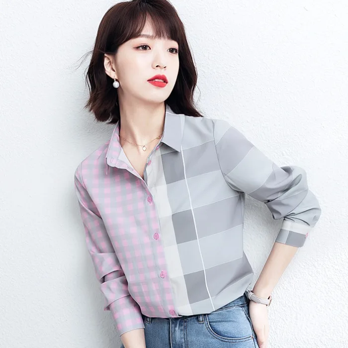 Women's Plaid irt Long Sve Spring Autumn Faion Loose Chiffon Top Design Sense Korean Sle Straight Cut Button up