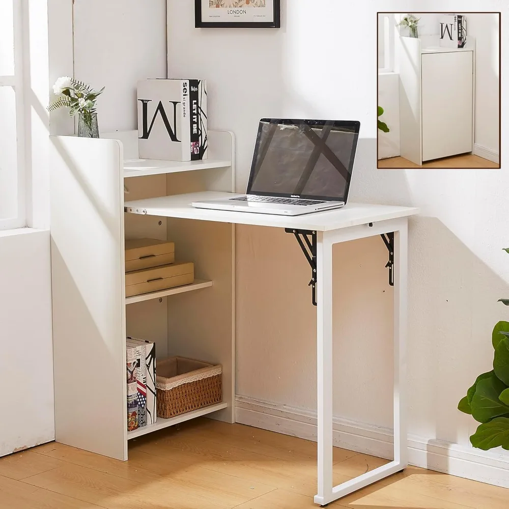 Foldable Desk,Hidden Desk with Storage and Built-in Socket,Mid Century Fold Out Table for Small Spaces,Home Office and Bedroom (