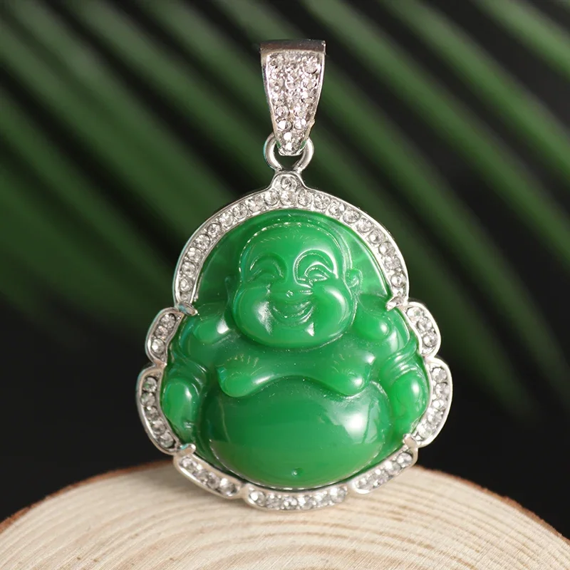 Exquisite Green Supernatural Maitreya Buddha Pendant Necklace Inlaid with Zirconia for Men Women Buddhist Amulet Jewelry Gift