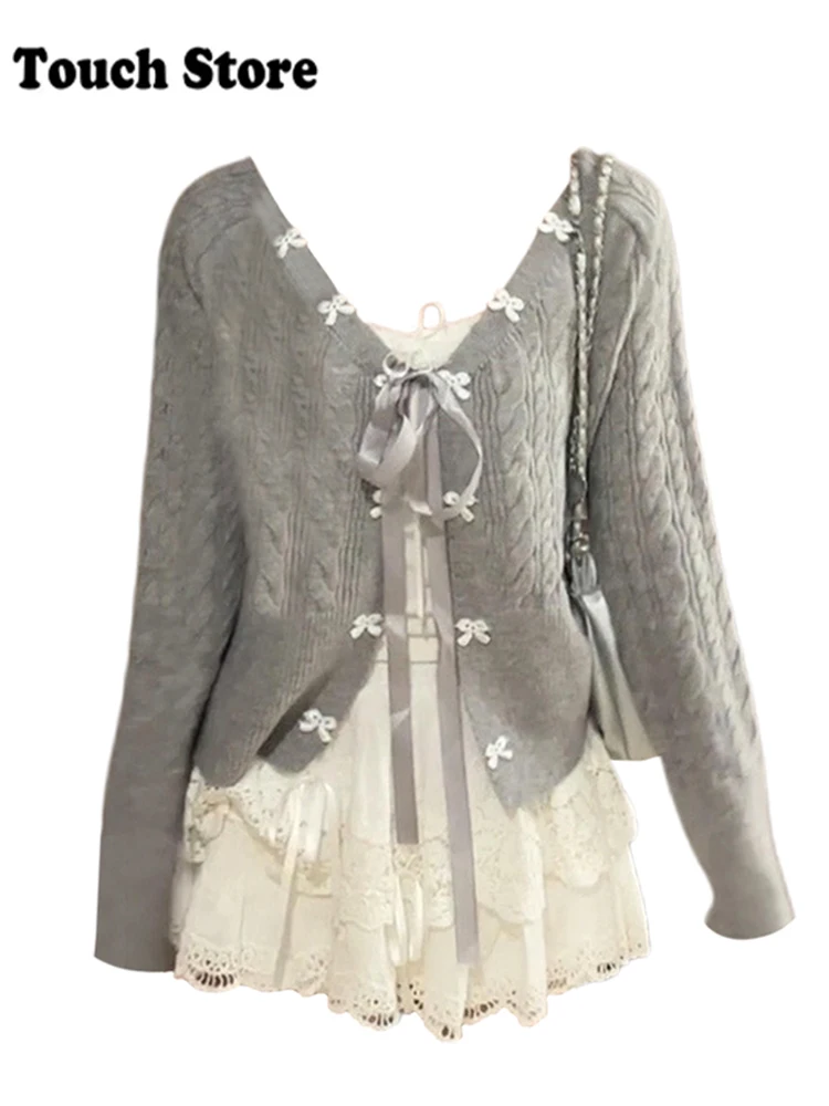 Jesień Zima Kobiety Coquette Mori Girl 2000s Shoujo Girl Kpop Outfits 3-częściowy zestaw Kardigan z długim rękawem + Camisole + Mini spódniczka