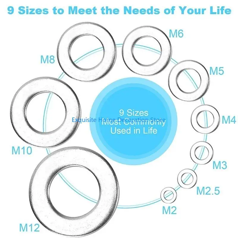 L5BF 800Pcs Sturdy Stainless Steel Flat Washers Assortment Multiple Size Washer Set Portable for Screws and Bolts Daily Use