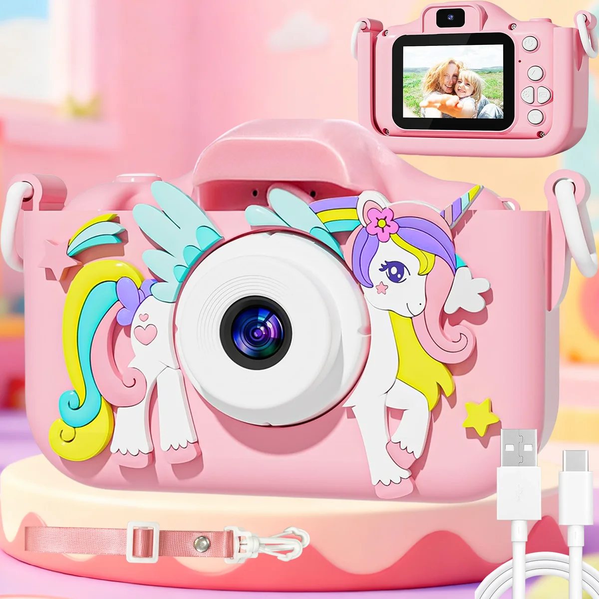 Câmera infantil unicórnio fofa HD câmera selfie de lente dupla 32 GB melhor presente para crianças de 3 a 12 anos. Gravador de vídeo 1080P com câmera selfie