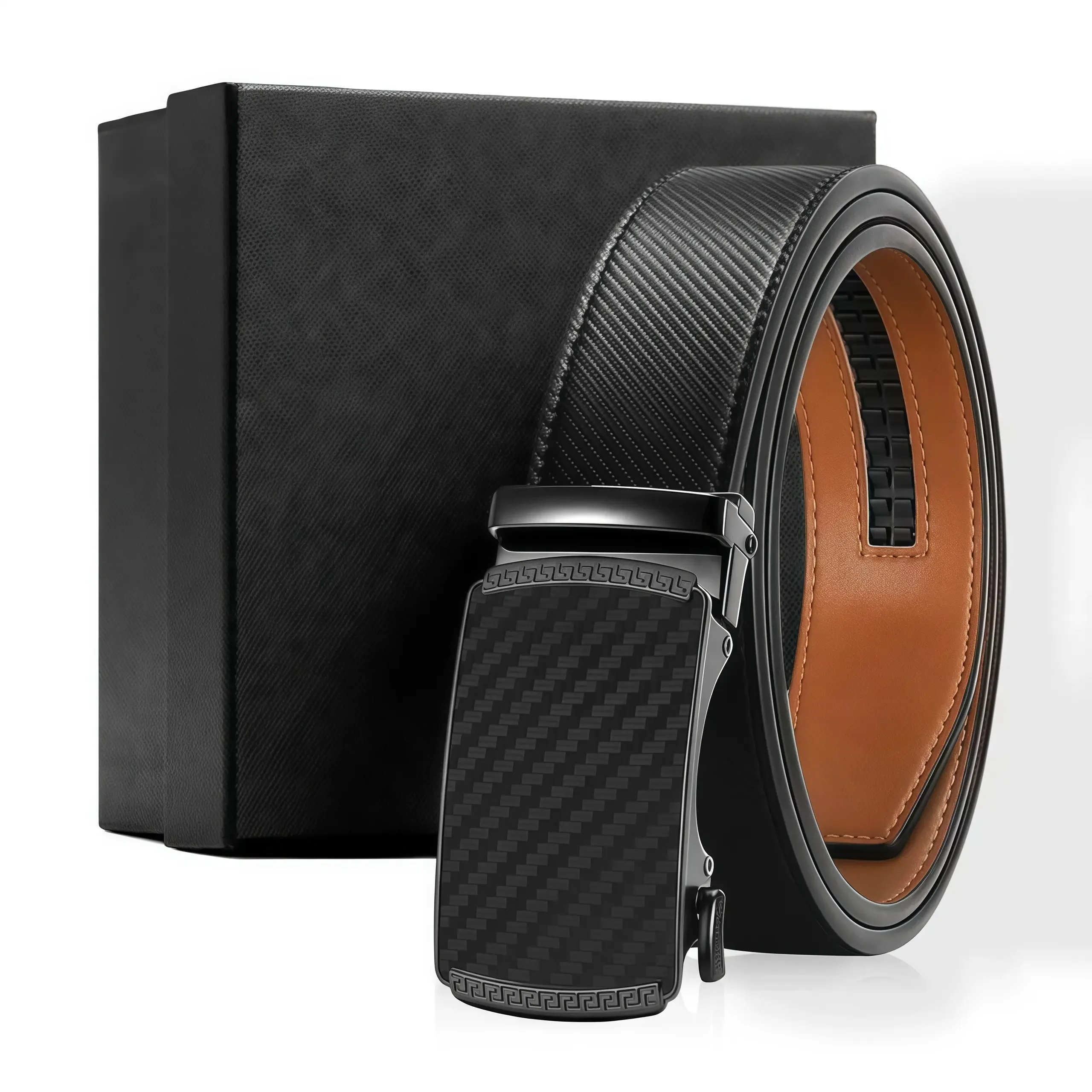 

[Father's Day Gift]Mens Textured Leather Ratchet Belt, No Hole Easy Release Adjustable Buckle, Casual Dress Business Designer Belt, Daily Wear Men Accessories Great for Birthday & Gifting
