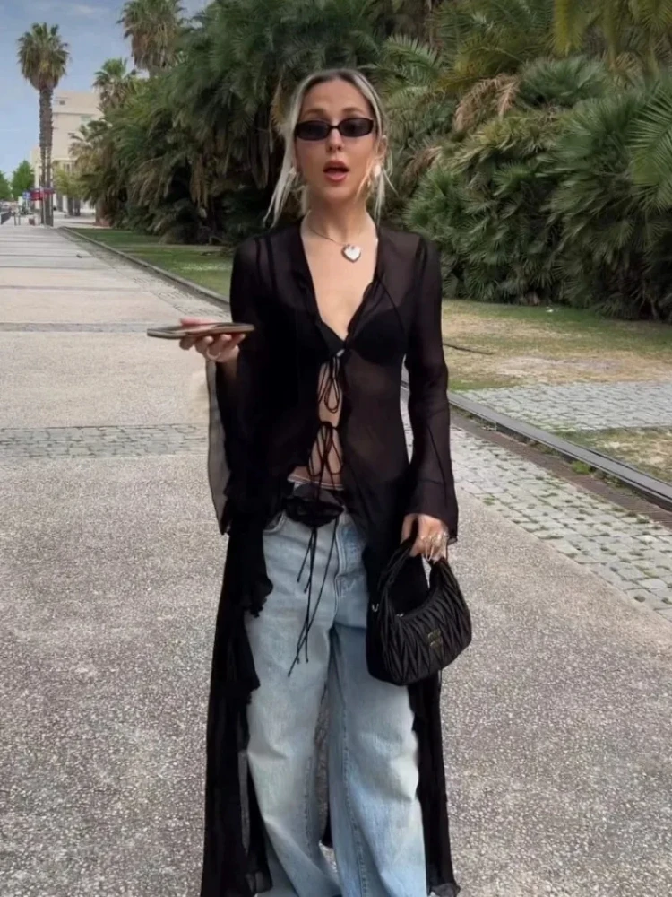 

Vintage Y2k Black See Through Long Cardigan Women Sexy Grunge V-neck Streetwear Tops Summer Chic Aesthetic Bandage Slim Blouse
