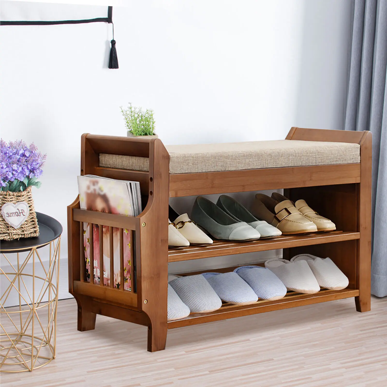 

Bamboo Shoe Rack 2 Tier Bench w/ Removable Cushion Entryway Organizer Shelf Home