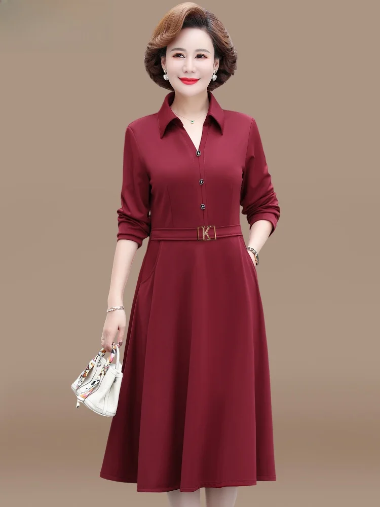 

Свадебное платье для мамы, для женщин среднего возраста, осеннее, модное, цельное, из полиэстера, с V-образным вырезом, на пуговицах, с длинными рукавами, стандартный крой