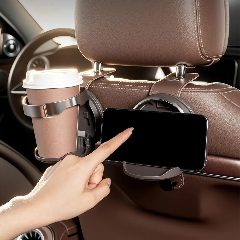 Auto-Kopfstützenhaken mit integriertem, faltbarem Getränkehalter, Organizer für die Rückseite des Autositzes aus Leder, Wasserflaschenhalter, multifunktionaler Aufhänger – Detail 17