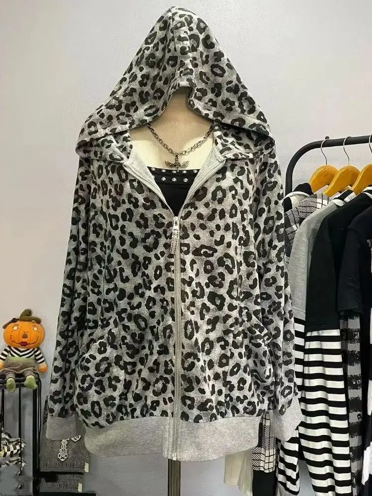 Sweat à capuche imprimé léopard Y2K pour femmes, sweat-shirt à capuche zippé, décontracté, Streetwear, manteau ﻿