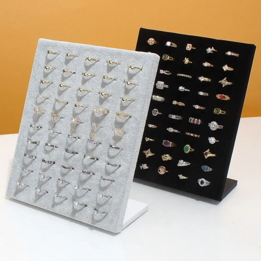 

50 Slots Rings Display Stand Soft Velvet Space-Saving Jewelry Organizer L Shaped Black Gray Ring Holder Shop Counter