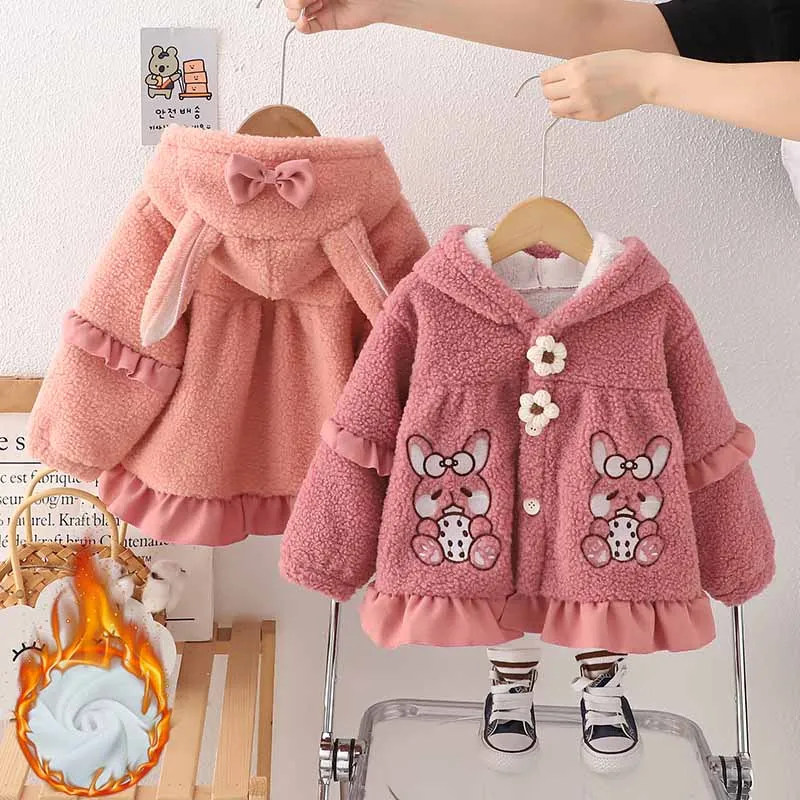 

2024 Girls Plus Velvet Thickened Jacket Autumn Winter Padded Coat Children Warm Hooded Clothes New Baby Cartoon Plush Outerwear
