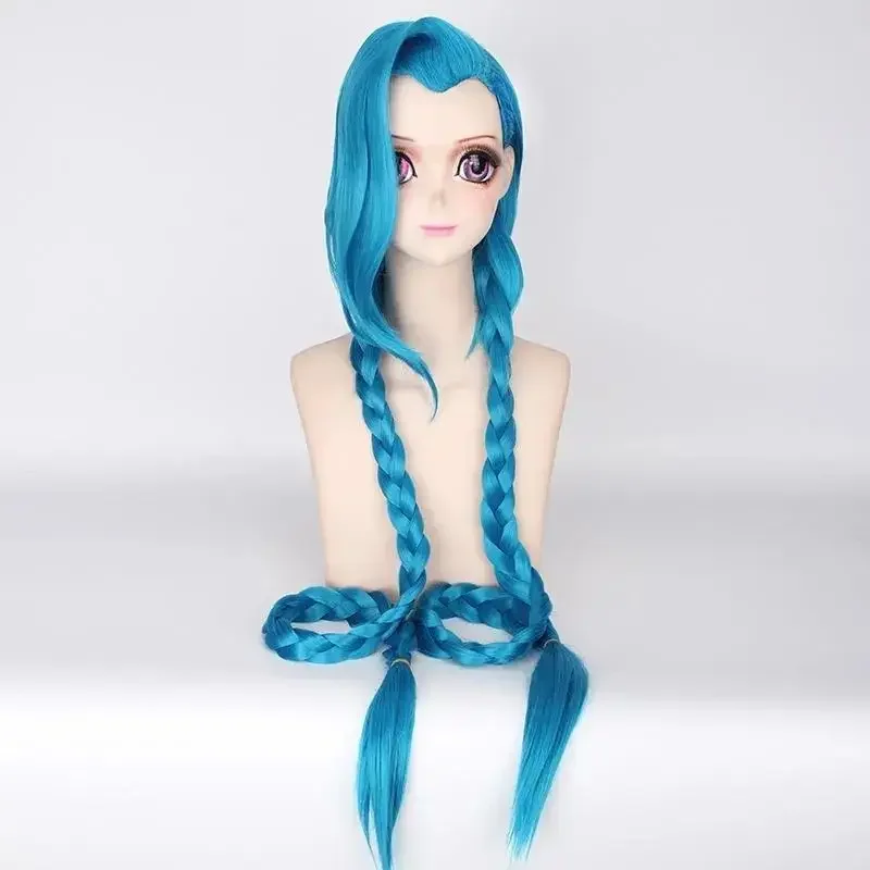 Cosplay Lol Jinx 120cm Long Blue with Double Braids Halloween Anime Costume Wig Heat Resistant Synthetic Wigs   Free Wig Cap