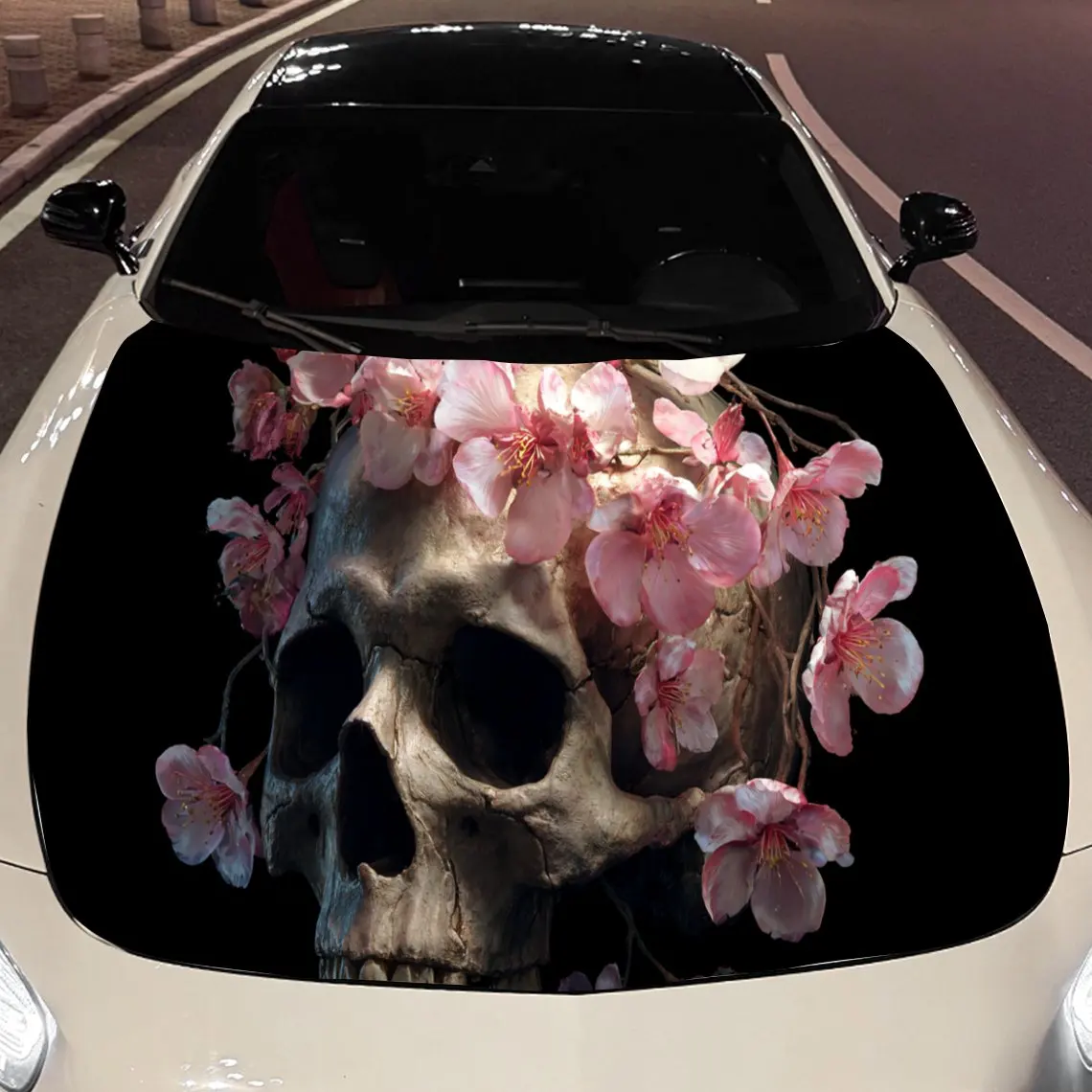 

Peach Blossom Skull Car Hood Vinyl Stickers Car Surface Protection Decal Car Decoration Cover Vinyl Wraps Waterproof Self-adhesi