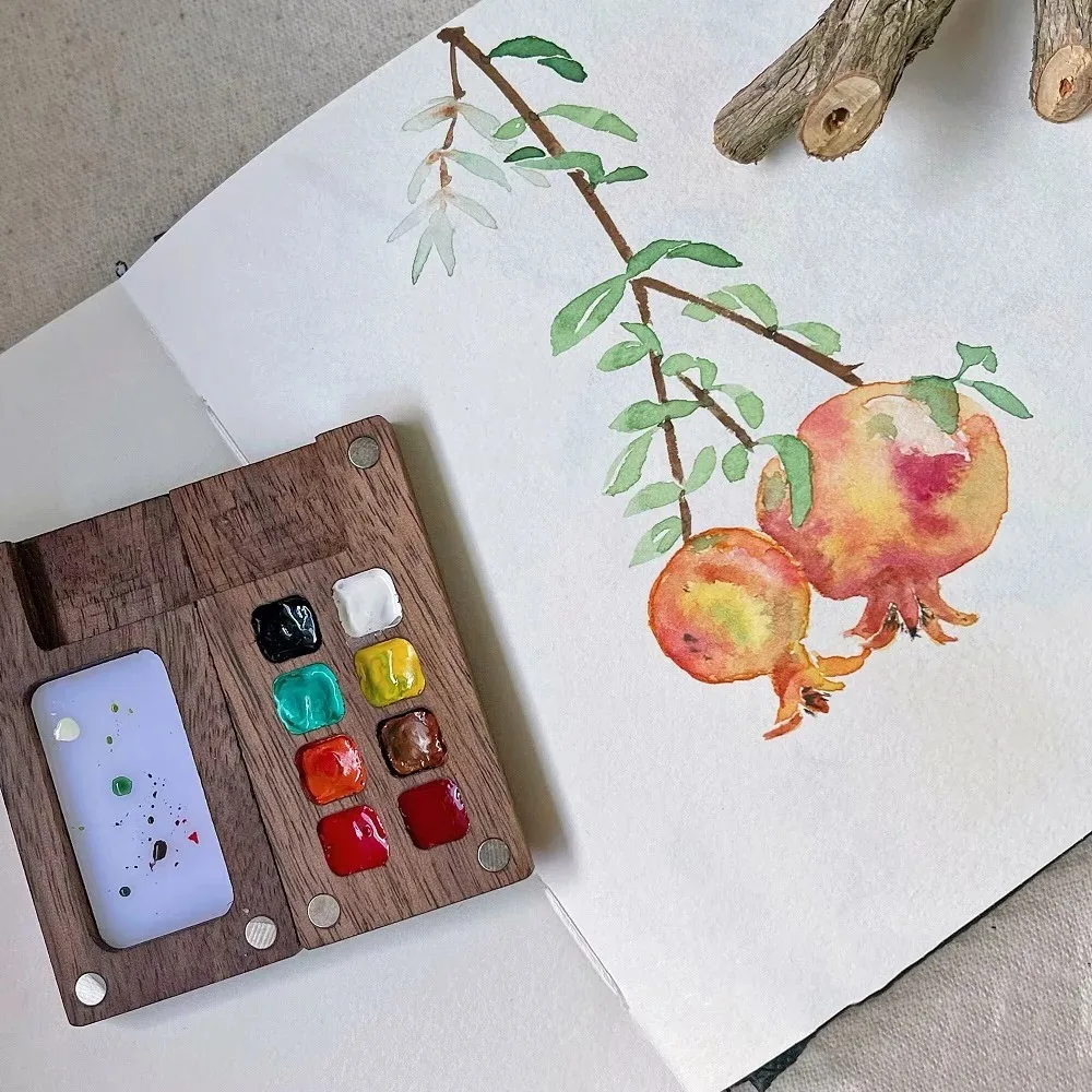 Empty Box Mini Watercolor Paint Palette Black Walnut Portable Wooden Paint Empty Box 8 Grid Wooden