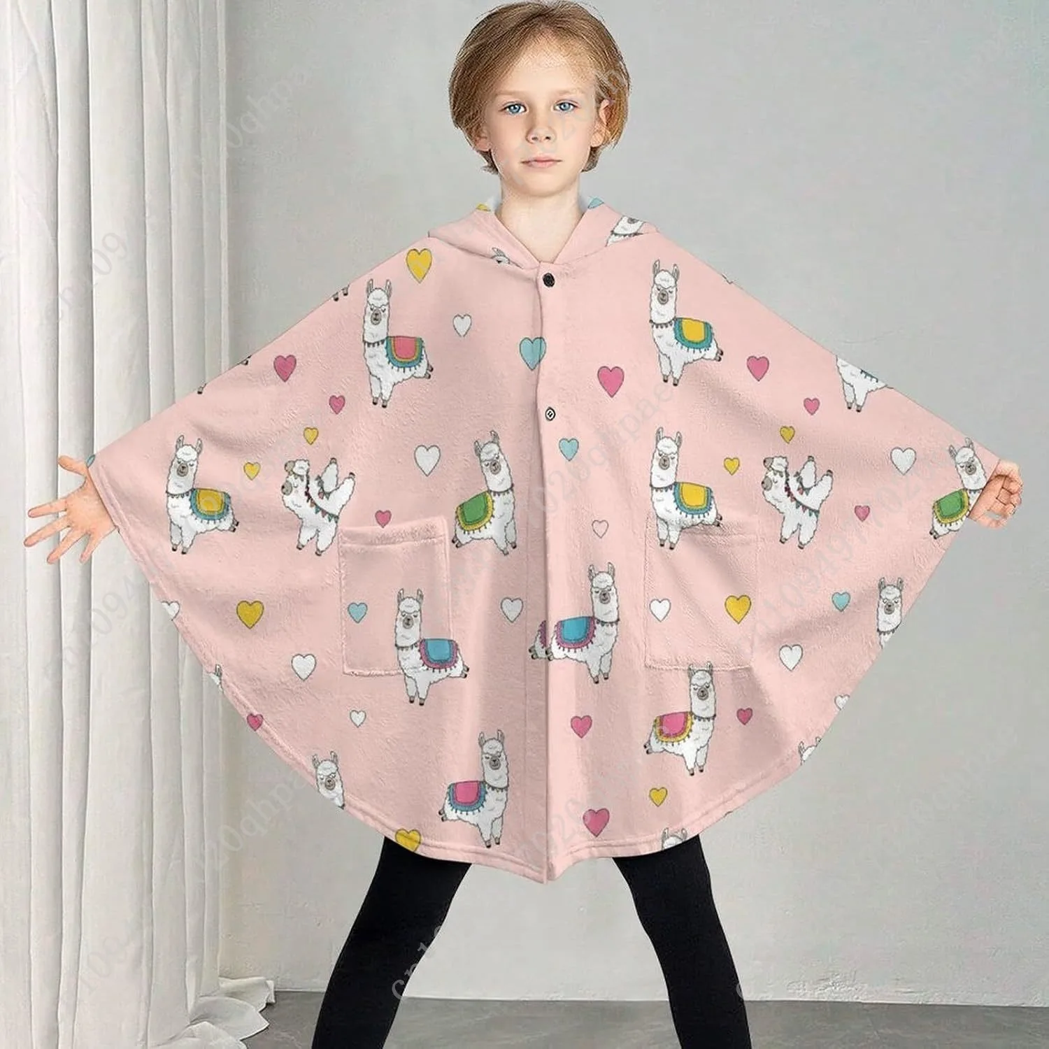 سترة بطانية مريحة من الفلانيل، سترة بقلنسوة كبيرة الحجم على شكل قلوب لاماس لطيفة مع جيوب للأطفال والمراهقين #2