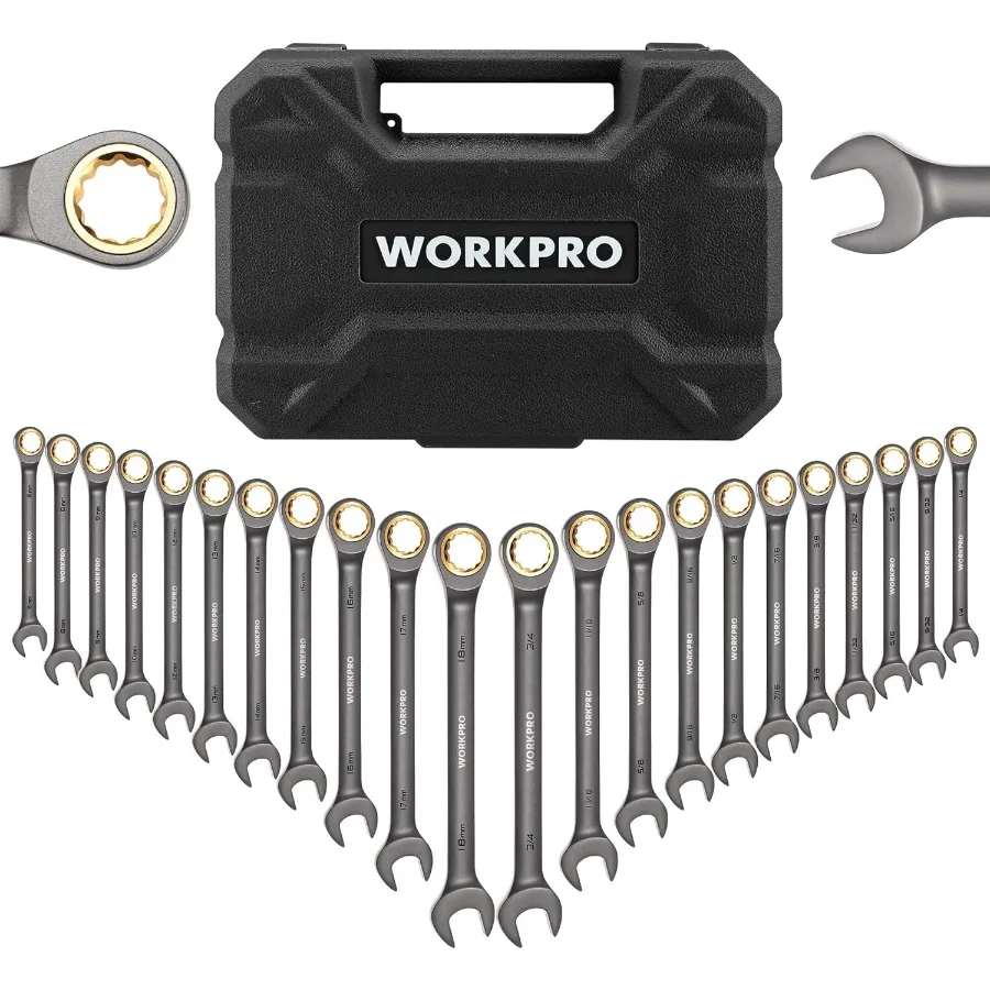 

22-Piece Ratcheting Wrench Set with Organizer Box Nickel Plated 72 Teeth Metric 6-18mm SAE 1/4-3/4 Ideal for Automotive