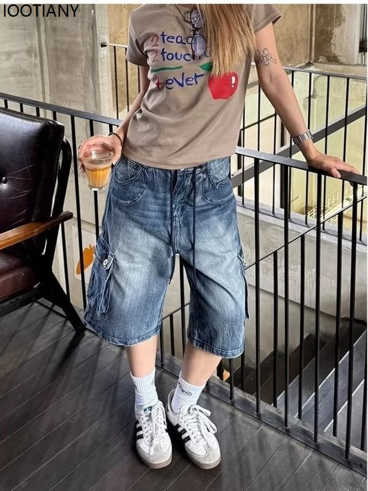 Fashion American Retro Blue Denim Multi-pocket Pants For Women Harajuku Y2k Washed Retro High Waist Street Wide Leg Denim Shorts