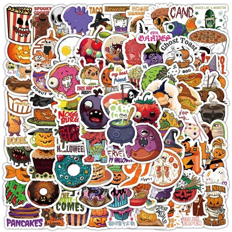 100PCS Halloween Food Stickers American Retro Ins Style Creative Cartoon Guitar Notebook Suitcase Water Cup Stickers Wholesale