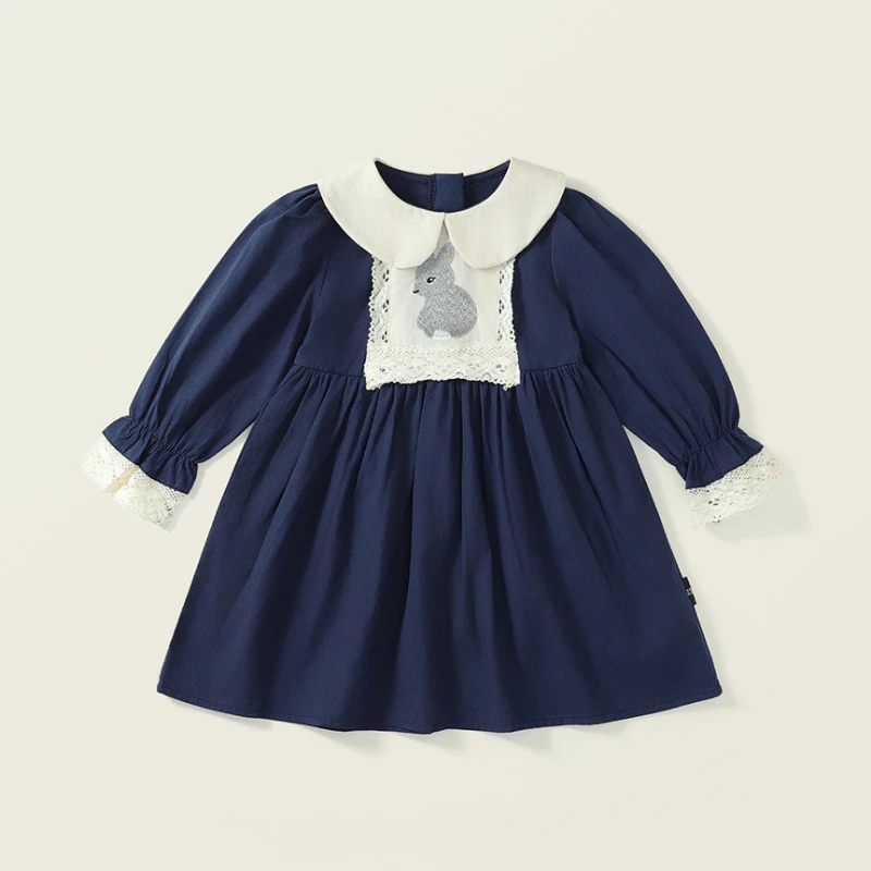 Girls Doll Collar Rabbit Cartoon Embroidery Dress 2024 Spring New Korean Baby Girl Long-Sleeved Navy Blue Lapel Princess Dresses