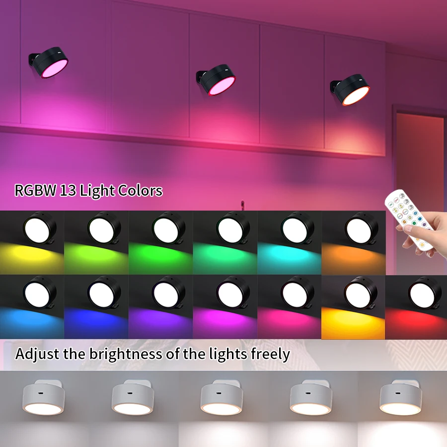 أضواء LED قابلة لإعادة الشحن مع مصباح حائط لاسلكي للتحكم عن بعد لديكور غرفة النوم RGB 360 °   دوران مغناطيسي عكس الضوء #1