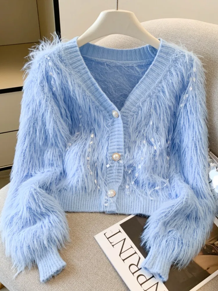 

Женский вязаный кардиган V-Ne ort Pluy Jaet из искусственного меха, осенняя верхняя одежда, корейская свободная посадка, длинный све