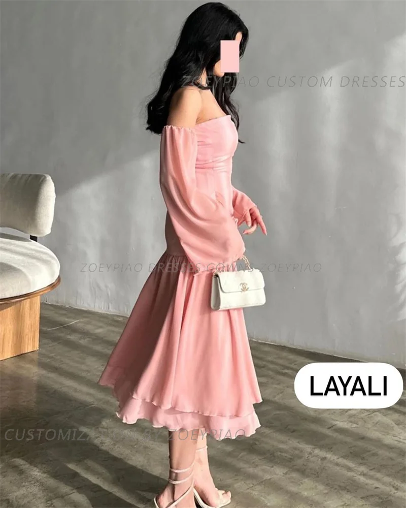 Pink Prom Dress Saudi Arabia Chiffon Flower Off Shoulder Short Bespoke Formal Club Casual Occasion Gown Midi Dresses