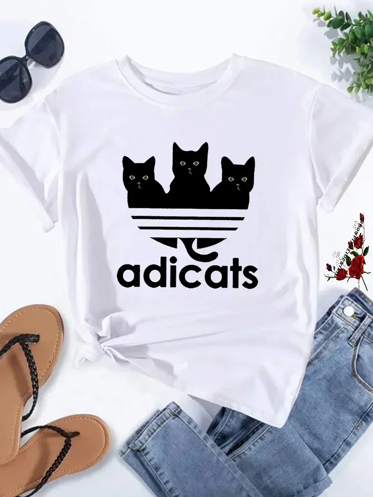 Funny Cat Printed Tshirt Woman Summer Short Sleeved T-shirt Hip Hop Casual T Shirt Female Clothes Cartoon Street Tops Tee