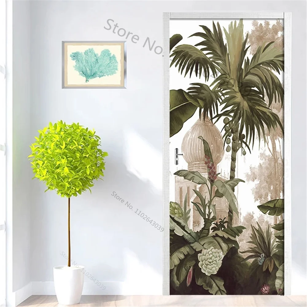 Pastoral Flower Leaf 3D Door Stickers Self Adhesive PVC Retro Jungle Door Wrap Sticker Cover Wallpaper Fridge Art Mural Decor