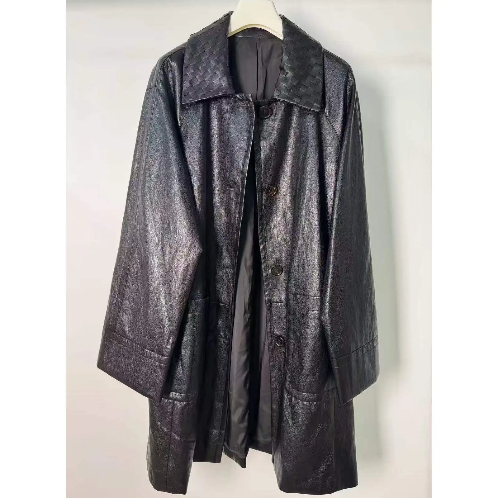 

ISENSEE винтажное роскошное длинное кожаное джато с тяжелым воротником в стиле ретро, женское пальто премиум-класса из искусственной кожи, зимняя верхняя одежда