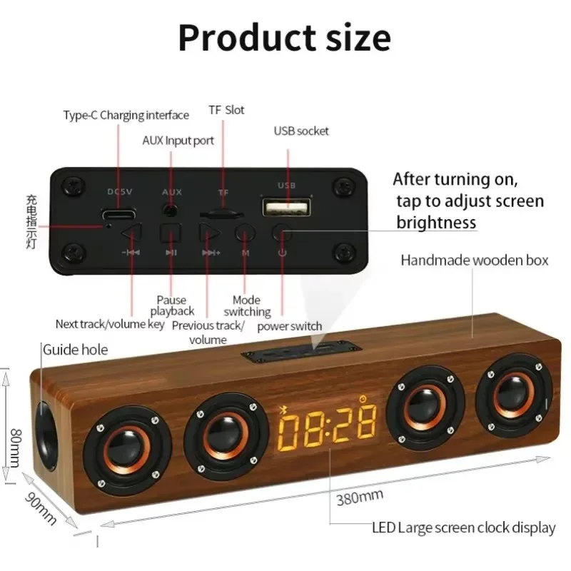 W8C Retro Soundbar in legno Altoparlanti Bluetooth senza fili Trombe per computer da tavolo Suono portatile per musica surround stereo per bassi pesanti