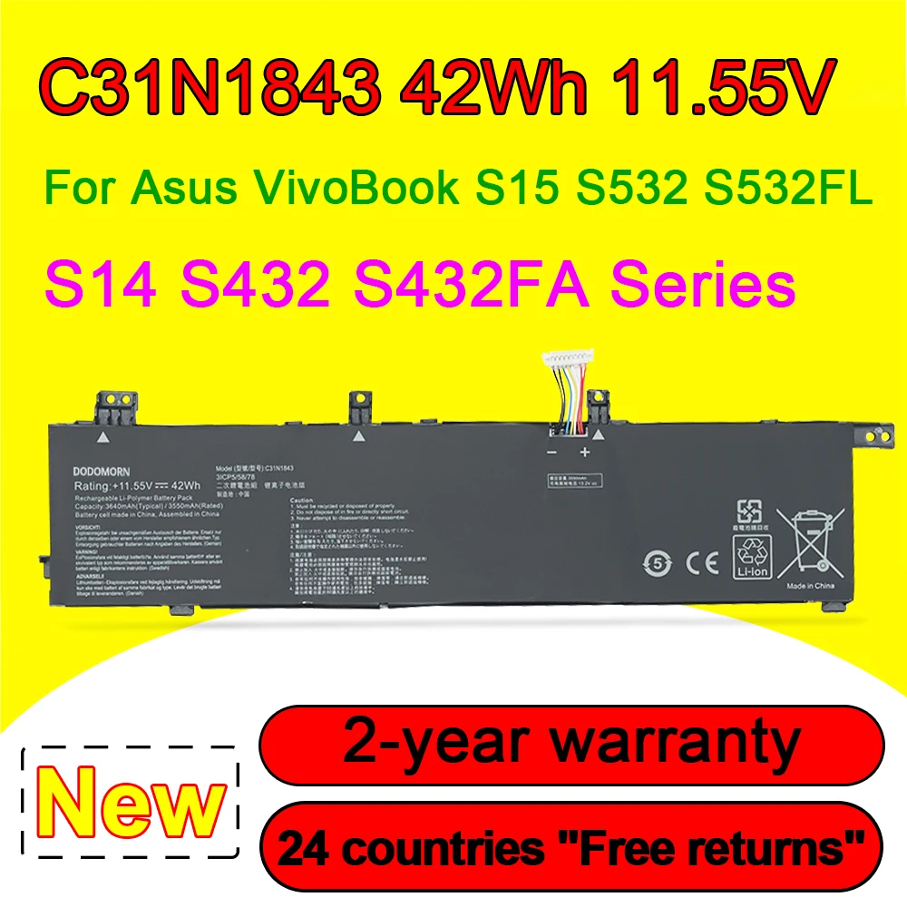 New C31N1843 Laptop Battery For ASUS VivoBook S15 S532F S532FL S432F S432FA S532FA 11.55V 42Wh