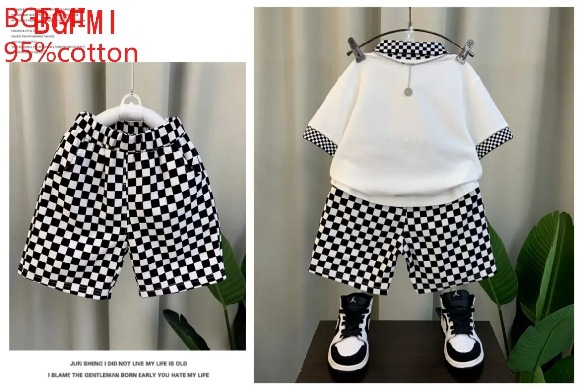 Korean Teenage Boy Summer Plaid Kids Suit Baby Children New Polo Set Thin Short Sleeves Patchwork Shirt +Shorts 2 Pc Casual Suit