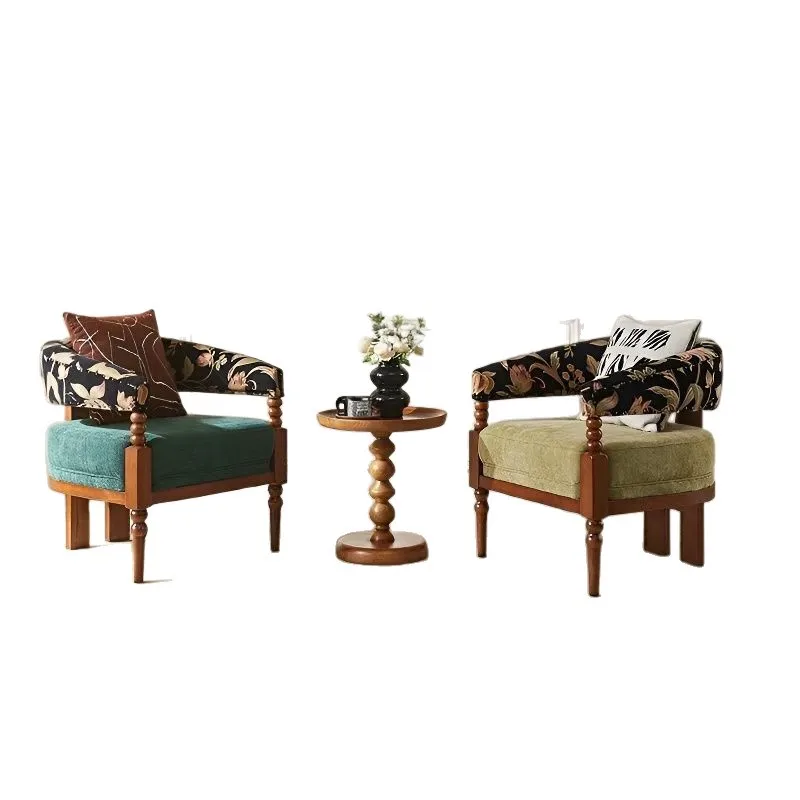 

Vintage American floral cloth single sofa walnut frame velvet leisure chair French retro