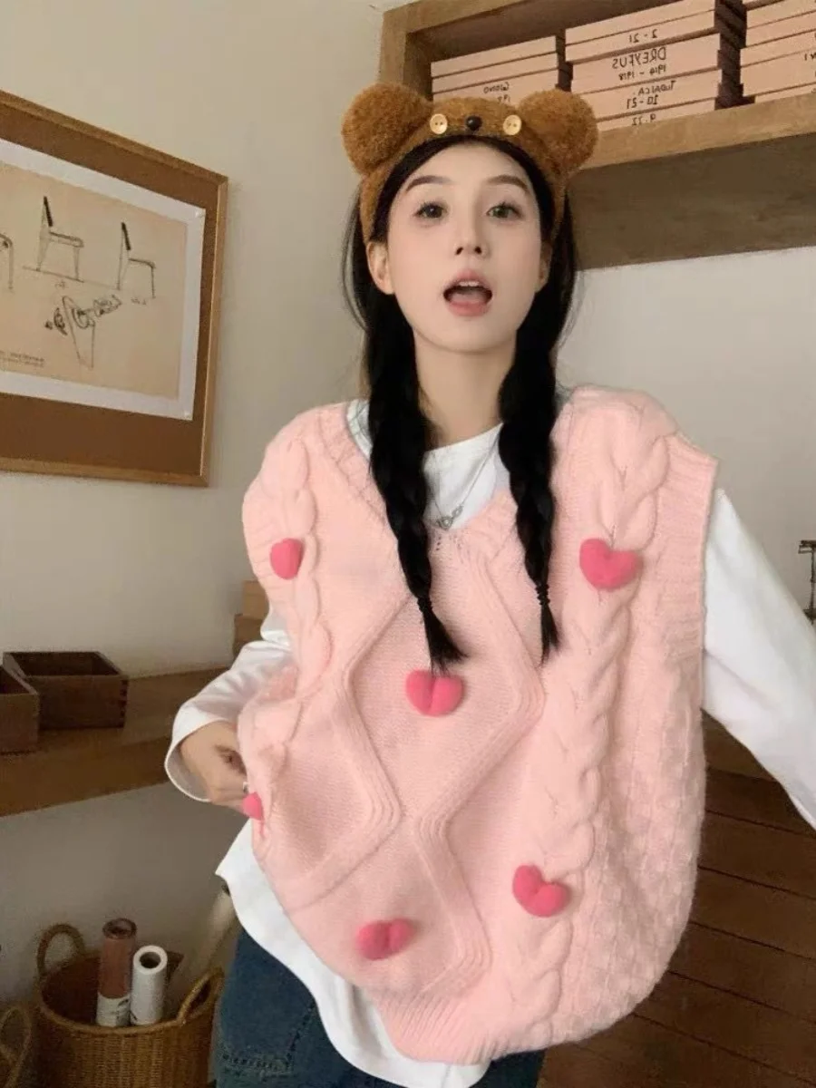 

Hmsevenjz Preppy Style Knitted Vest Women's Spring V-neck 3D Decoration Twists Sweater Vest Fashion Female Clothes